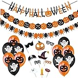 Jonami Halloween Deko Set Halloween Dekoration Innen - Happy Halloween Grusel Girlande, Kürbisse und Spinnen Wimpelgirlande, Grusel Halloween Fotorequisiten, Ballons mit Geistern und Kurb