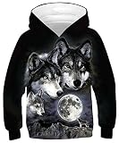 Goodstoworld Pullover Mädchen Pulli Jungen Hooide 3D Sweatshirt Kinder Kapuzenpullover Langarm Pullover Bunte Kapuzenpullis Freizeitkleidung Mond Wolf 12-13 J