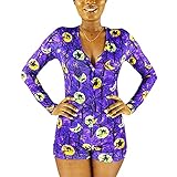 FUNWAVE Damen Kürbis-Druck Halloween Strampler Langarm V-Ausschnitt Knopfleiste Kurz Jumpsuits Pyjama Einteiler Bodysuit Overall, violett, 42