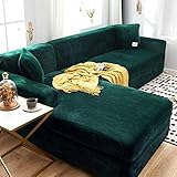 Jonist Dicke Sofabezüge 1/2/3 Sitzer Samt L-Form Sofa Schonbezug Easy Fit Stretch Elastischer Stoff Sofa Couch Möbel Protector-3-Sitzer + 4-Sitzer-Dunkelgrü