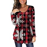 EMATOP Weihnachtsbluse Damen Langarmshirts Weihnachten Sweatshirt Casual Lose Tunika Tops Oberteile mit Schneeflocken Druck Plissierter Pullover Herbst Winter Rundhals Langen Jumper Streetw