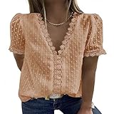 ZDDHOODY Damen Bluse Kurzarm Hemd V-Ausschnitt Bluse Leinen Tunika Elegant Business Casual Bluse Oberteile Hemd Damen Kurzarm T-Shirt Sommer T Shirt Lässiges Tee Shirt Frauen Teenager Mädchen Top