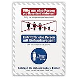 sendmoments Aufkleber für Hygienehinweise, Alleine einkaufen, Hinweisaufkleber, 3 große Sticker DIN A4, selbstklebend auf glatten Oberflächen, für den Einzelhandel, Geschäfte oder im privaten B