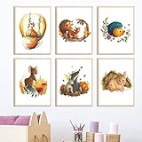 Set von 6 Poster Kinderzimmer Bilder Cartoon Fuchs Hase Eichhörnchen Babyzimmer Wand Dekor Dschungel Tier Kunstdruck Mädchen Schlafzimmer Dekor Ung