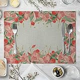 Daesar Platzdeckchen Baumwolle 42x32, Tischsets 6er Set Abwaschbar Rote Blumen Muster Platzset für Esstisch Holztisch G