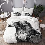 HARXISE Bettbezug Set Vogel Rabe Krähe Aquarell Tier Schwarz Dunkle Vögel Schwarz und Weiß Spritzer Rabe Home Hotel Wohnheim Dekorativ 3 Stück Bettwäsche Set Passende Größ