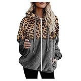 Deloito Winterjacke Damen Leopard Plüschjacke Warme Flauschjacke Teddy Übergangsjacke mit Kapuze Warme Fleecejacke Reißverschluss Plüschmantel Steppmantel Full Zip Hoodie W