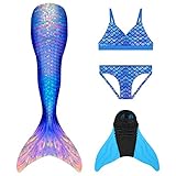 GNFUN Mädchen Meerjungfrauenschwanz Zum Schwimmen mit Meerjungfrau Flosse- Prinzessin Cosplay Bademode für das Schwimmen mit Bikini Set und Monoflosse, 4 Stück S