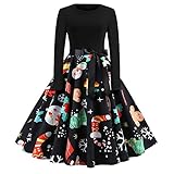 Damen Weihnachtskleider, Frauen Geschenk Vintage Christmas Print Langarm Oansatz Abend Party Swing Kleid Club Festival Karneval Kleid Karneval Kostüme D