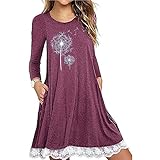 Qtinghua Damen-Langarm-Kleid, Herbst, lässig, lockeres T-Shirt, Spitzensaum, bedruckt mit Taschen, weinrot, XL