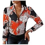 Orgrul Damen Button Down Shirts Elegante V-Ausschnitt Grafik Neuheit Farbblock Büro Leichte Herbst Tops Bluse (XXL, Rot)