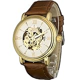 Sewor Herren-Armbanduhr mit mechanischem Handaufzug, goldfarbenes Uhrwerk, Leder-Armbanduhr (Gold-White)