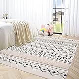 SHACOS Baumwolle Teppich Waschbar Schwarz Weiß Shaggy Teppich Schlafzimmer Handwebteppich Teppiche Groß für Wohnzimmer Baumwollteppich 120x180 cm Vintage Teppich Getuftet Kurzflor Läufer für T