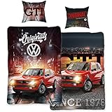 VW Volkswagen Golf Bettwäsche GTI Rot / Grau 135 cm x 200 cm + 80 cm x 80 cm Oldtimer 100% Baumwolle in Renforcé-Linon-Qualität Race Wörthsee Auto-Car 2 Motive Wendebettwäsche Reißverschluss 088