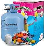 HeliumStar® Helium Einwegflasche mit Ballongas inkl. 30 bunte Latexballons (Ø 25cm) + weißes Polyband! 250 Liter Helium für Luftballons in Heliumflasche - Ballongas reicht für alle 30 B