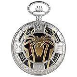 Gentleman Taschenuhr, klassische silberne große Quarz-Taschenuhr für Herren, ausgehöhltes Spinnenmuster, Taschenuhren für Männer, stilvolle Bronze-Taschenuhrkette für D