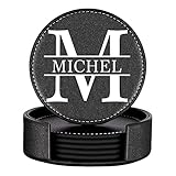 Glooraca Personalisierte runde Lederuntersetzer, 5er-Set mit Halter, individuelle Untersetzer, Ledergeschenk, Einweihungsgeschenk, Hochzeitsgeschenk