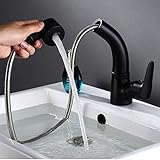 Kitchen Tap Schwarz Spüle Wasserhahn Teleskop-Wasserleitung Ausziehbarer Wasserhahn Alle Kupfer Einhand-Warm- und Kaltwasserhahn 2-Modus-Mehrzweck-Badarmatur Drehbarer Waschtischarmatur Gefäß