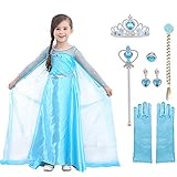 URAQT ELSA Kleid Prinzessin Kostüm Kinder Mädchen, ELSA Krone Kleid Kinder Kostüm 9-teiliges Set mit Diadem Handschuhe Zauberstab usw für Weihnachten Verkleidung Karneval Halloween Größe 100