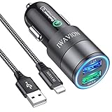 Auto Ladegerät, IWAVION Quick Charge 3.0+2.4A 30W KFZ Ladegerät Adapter Dual USB Auto Ladeadapter mit 1M Nylon Ladekabel für iPhone XS/XR Max/X/8S/8 Plus/7S/7 Plus/6S/6/5s/5C/SE,iPad Air/Mini/Pro,