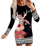 Damen Weihnachtskleid Party Kleider Weihnachts Kostüm Lässig Festliche Geschenk Pulloverkleid Langarm Schneeflock Gedruck Knielang Hoodie Kleid Frauen Strickpullover Kleid Xmas Sw