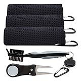 You&Lemon 3 Stck Mikrofaser Golf Handtuch + 1Stck Golfschläger Bürste + 1Stck Faltbare Golf Pitchgabel Set, 2-in-1Handtuch mit Karabiner, Golf Zubehör S