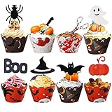 Sunshine smile 48PCS Halloween Cupcake Topper,Halloween Kuchen Deko Essbar,Kuchen Deko Hexe,Kuchenaufsätze,Papier Cupcake Förmchen,Topper Fledermaus Kuchen Deko,Halloween Themed Party