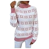 Rollkragenpullover Damen Langarm Farbkontrast Strickpullover Schneeflocken Druck Feinstrick Turtleneck Weich Rippstrick Pulli mit Stehkragen Elegant Stretch Strickpulli Sweater für Herbst W
