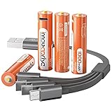 Innovaprise Lithium AAA Batteries, Rechargeable Batteries 1000mWh AAA Recharge Li-ion Battery with USB Charger, 4-in-1 Micro USB Charging Cable, 1.5V Lithium Ion Battery Over 1200 Cycles(4 Pack)