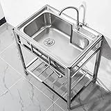 AGGF Spüle für Gewerbe, Gastronomie Spüle Inklusive Wasserhahn Edelstahl freistehende Küche Einzelwaschbecken mit Ablagefach/Silber / 70