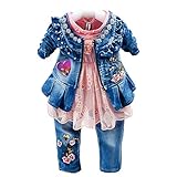 Peacolate 6M- 4J Baby Mädchen Kleidung Set 3 -teilige Sets Langarm Spitze T-Shirt Reißverschluss Stickerei Jeansjacke und Stickerei Jeans(6-12M, Rosa)