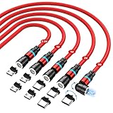 Schnellladendes Magnetisches Ladekabel [5Stück 0.5m+1m+1m+2m+3m], JEEREE 3A Schnelllade-und Datenübertragungs Schnellladekabel 360° und 180° Drehbar Nylon mit Typ C Micro-USB für Smartphone (rot)