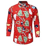ZZENOR Weihnachtshemd Herren Weihnachten Thema 3D Druck Langärm Button Down Retro Xmas Shirt Slim Fit Hemden Männer Freizeithemd Funky Xmas Bluse S