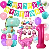 JOYMEMO Dinosaurier Party Dekorationen für Mädchen 1. Geburtstag Rosa Dinosaurier Stehende Ballons Nummer 1 Ballon Gedruckt Latex Ballons für Kleine Dino, Dschungel Themed Party Supp