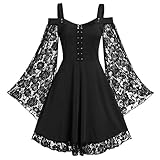 QBQZXAOSOWH Hübsche Kleider Dress Damen Gothic Vintage Herbst Kleider Frauen Punk Spitze Patchwork Flare Ärmel Schwarz A Line Kleid Elegante Partykleidung 5XL Schw