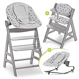 Hauck Alpha Plus Newborn Set mit Premium Bouncer - Baby Holz Hochstuhl ab Geburt mit Liegefunktion - extra flacher Aufsatz für Neugeborene & Baumwolle Sitzpolster - G