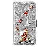 Schutzhülle für Samsung Galaxy A52s/A52 5G, 3D Gems Santa Claus Xmas Glitzer Diamanten Stoßfest Leder Brieftasche Handyhülle Flip Folio für Samsung A52s/A52 Cover mit Kartenschlitzen Ständer, Silb