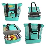 Damen Beach Tote Picknicktasche - Mesh Kühlschrank Fach Handtaschen mit großem Reißverschluss, Campingstrand Schulteraufbewahrungstasche für den Außensommer im Freien (Color : Green)