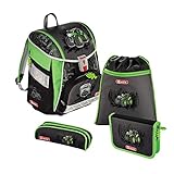 Step by Step Schulranzen-Set TOUCH 2 „Green Tractor“ 4-teilig, grün-schwarz, Traktoren-Design, ergonomischer Tornister mit Reflektoren, höhenverstellbar mit Hüftgurt für Jungen ab der 1 Klasse, 21L