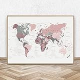 manbgt Wandkunst Drucke Erröten Rosa Weltkarte Leinwand Kunst Wohnkultur Abstraktes Poster Rosa Welt Bilder Modernes Wohnheim Dekor 50X70cm 20x28inch Kein R