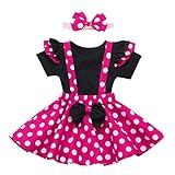 FYMNSI Baby Kleinkinder Mädchen Erster 1. Geburtstag Outfit Baumwolle Kurzarm Tops T-Shirt Gepunktet Riemenkleid Hosenträger Kleid Schleife Stirnband 3tlg Party Sommer Bekleidungsset Rose 2-3 J