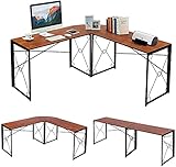 VECELO Eckschreibtisch Computertisch Winkelschreibtisch L-förmig Workstation-Ecktisch mit CPU-Ständer Home Office Großer Desktop-PC-Spieltisch, Kaffee (Braun, 150 * 150 * 75cm)