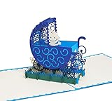 Kinderwagen (Blau) - Klappkarte / 3D Pop-Up Karte - Glückwunschkarte zur Geburt, Grußkarte mit Baby