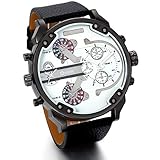 JewelryWe Herren Armbanduhr, Analog Quarz, Fashion Casual große Sport Leder Armband Uhr mit Dual Zeitzonen Zifferblatt, Schw