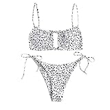 ZAFUL Damen Bikini Set, schulterfrei Bandeau mit Kordelzug & Rüschen High Cut Einfarbig Bademode (Leopardenmuster, M)