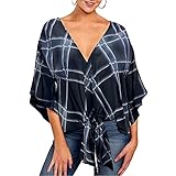 Generisch Damen Blusen Mit Floralem V-Ausschnitt Und Krawattenknoten Vorne Chiffon Tops Mit FledermausflüGel Kurzarm LäSsiges Bedrucktes Hemd Mit GlockenäRmeln (XL,Mehrfarbig 2)