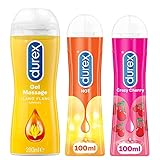 Durex Gleitgel für Intim, 3 Stück, Ylang Ylang Ylang 200 ml – Crazy Cherry Essbares Schmiergel 100 ml – Hot Gel, beheizbar, stimulierend, 100