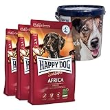 Happy Dog Africa Aktion 3 x 4 kg + 20 Liter Futtertonne inklusive Deckel - Stets frisch und leicht zu tragen und zu lagern. Getreidefrei, nur Strauß