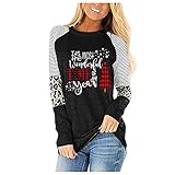 Frauen Weihnachtspullover Mode Casual Drucken Langarm O-Ausschnitt Leopard Spleißen T-Shirt Top Bluse, Schwarz , 46