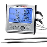 ThermoPro TP17 Digitales Grill-Thermometer Bratenthermometer Fleischthermometer Ofenthermometer mit Timer, Zwei Edelstahlsonden, Blaue Hinterbeleuchtung, Temperaturbereich bis 300°C